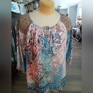 Avenue Plus Size 14/16 Floral Patterned Women's Boho Peasant Top